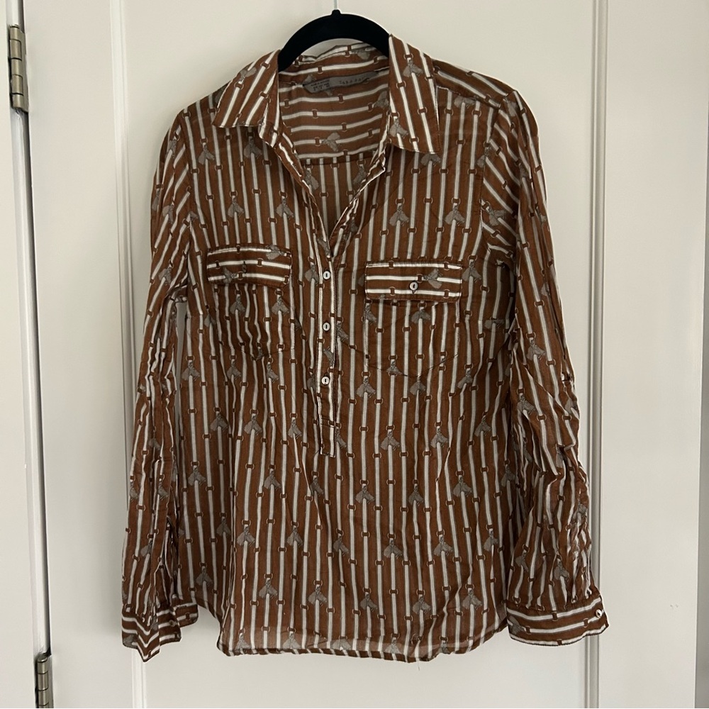 Zara Basic Brown Equestrian Print Cotton Button Down Shirt Small
